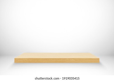 Product showcase with wood stand podium on gray room background. Use as montage for product display 