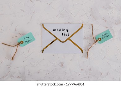 Product Tags With Small Business Vs Big Brand Texts Over Newsletter Email Envelopes, Concept Of Customer Behaviour And Supporting Small Local Businesses