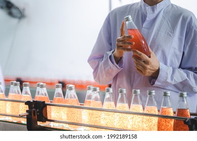 Production Of Beverage Bottle With  Factory Manufacture Machine, Industrial Technology Working Equipment In Plant Line, Food And Drink Business, Modern Conveyer Automation Process, Liquid Juice