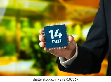 Production of computer microchips using the 14 nm process technology. Industrial scale and cost efficiency. Mature chip technology supporting electronics. Semiconductor manufacturing concept,