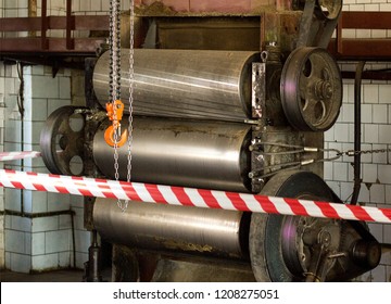 Production Equipment Rollers Are Fenced With Protective Tape, An Investigation Is Underway, An Incident, An Industrial Accident, Danger, Workshop