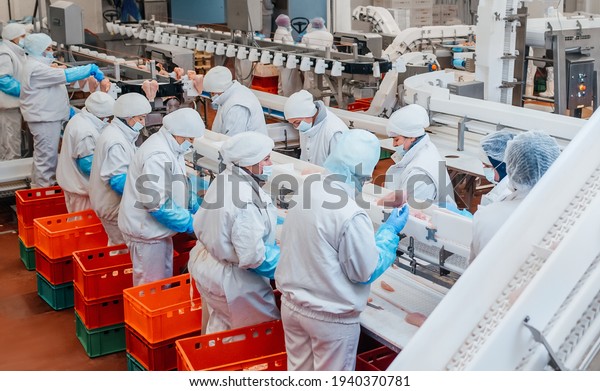 Production\
line in the food factory.Factory for the production of food from\
meat.Industrial equipment at a meat factory.Automated production\
line in modern food factory.People\
working.