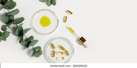 Production of natural cosmetics and medicines. Petri dish on the table with yellow oil, capsules with a transparent liquid. Eucalyptus branch on a white table.