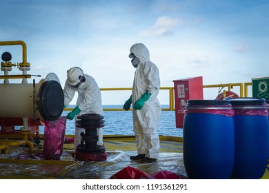 production operator operate mercury hazard waste disposal at oil and gas process, oil and rig plant, offshore oil and gas industry, offshore oil and rig in the sea.