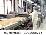 Production of pralines in a factory for the food industry - conveyor belt worker with chocolate 