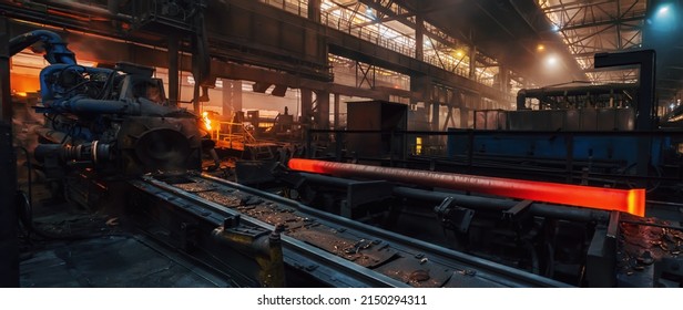 Production process of cast iron water pipes at industrial steel mill. Metallurgical foundry factory with press forming machines for manufacturing tubing. Heavy industry interior background