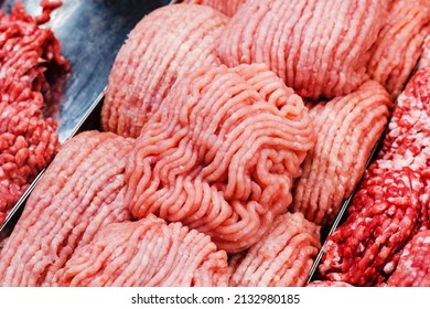 Production And Sale Of Minced Meat. The Product Range Is Located On The Showcase In The Store. Close-up