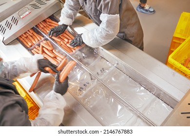 production of sausages from veal, chicken and pork meat, the worker holds sausages in his hands and packs
 - Powered by Shutterstock