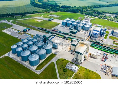 Production of sustainable fuel called bio gas. New factory in field. View from above. Ecological production.