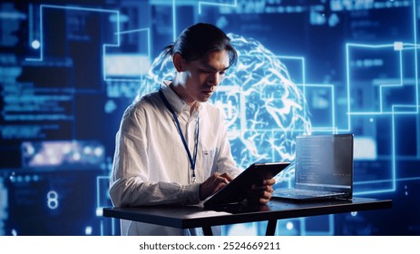 Productive engineer in high tech workspace uses artificial intelligence computing simulating human brain. Admin in server farm running operations on laptop with AI machine learning algorithms