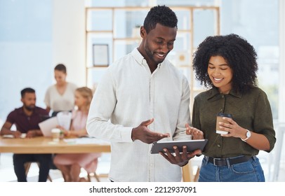 Productivity, Teamwork And Business People With Tablet For Collaboration, Communication And Online Marketing Agency Planning. Office Black People, Digital Technology And Website Information Strategy