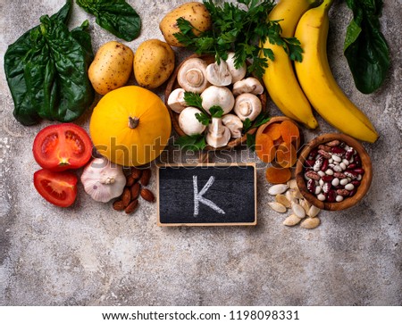 Products containing potassium. Healthy food concept. Space for text, top view Stock foto © 