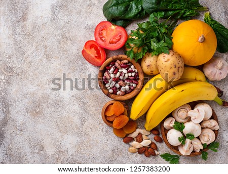 Products containing potassium. Healthy food concept. Space for text, top view Stock foto © 