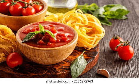 Products for cooking - tomato sauce, pasta, tomatoes, garlic, olive oil on the old wooden background. - Powered by Shutterstock