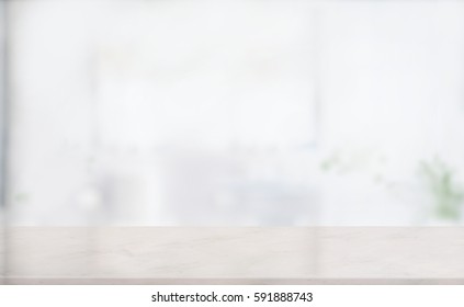 Products Display Concept. Empty Pink Marble Top Table For Product Display With Blurred Bathroom Interior Background.