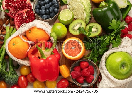 Products high in vitamin C. Healthy food concept. Top view
