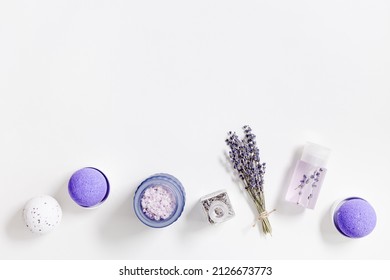 Products With Lavender Essential Oil. Aromatherapy Sleep Spray, Sea Salt, Bath Bombs For Relaxation And Stress Relief. Natural Cosmetic For Beauty Treatment And Body Care, Herbal Medicine, Copy Space