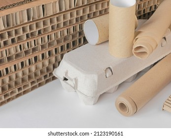 products made from recycled materials. Corrugated board in sheets, paper core for toilet paper, kraft paper in roll and paper egg carton. On white background