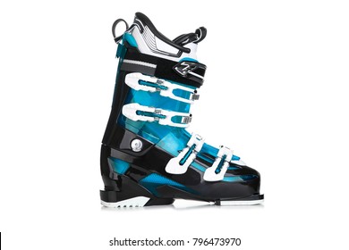 Profesional Blue ski boots isolated on white background.
