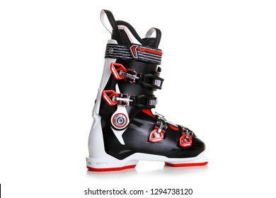 Profesional Red Ski Boots Isolated On White Background.