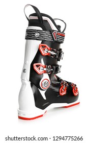 Profesional Red Ski Boots Isolated On White Background.