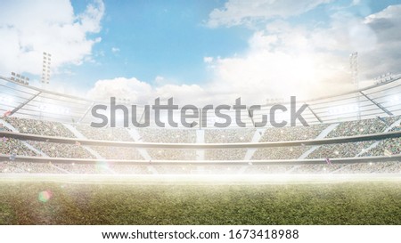 Profesional soccer stadium. Big sport arena. Daytime stadium under the sun with lights, fans and flags. Background