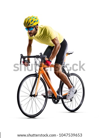 Professinal road bicycle racer isolated in motion on white