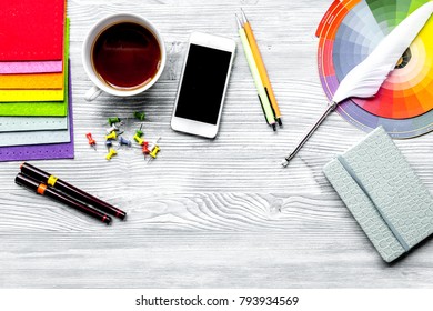 profession concept with designer tools on work desk background 