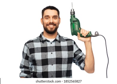 Profession, Construction And Building - Happy Smiling Man, Worker Or Builder With Drill Over White Background