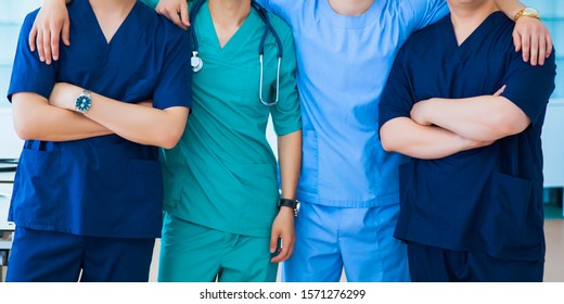 profession medicine staff. multinational people - doctor, nurse and surgeon. a group of faceless doctors. medical advertisement design. background wide promotional banner