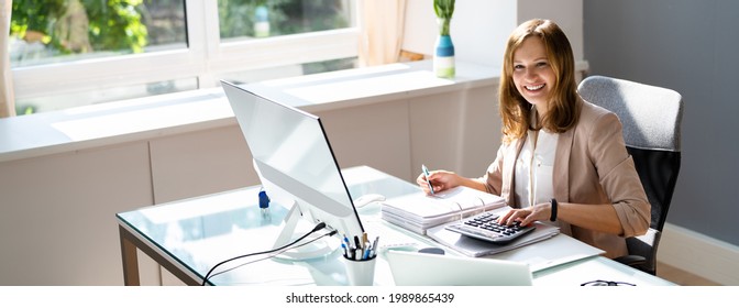 Professional Accountant Woman In Office Doing Accounting And Budget