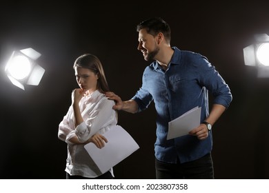 Professional Actors Rehearsing On Stage In Theatre