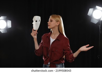 Professional Actress Rehearsing With Mask On Stage In Theatre