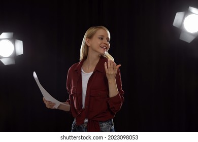 Professional Actress Rehearsing On Stage In Theatre