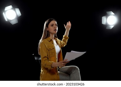 Professional Actress Rehearsing On Stage In Theatre