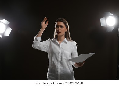 Professional Actress Rehearsing On Stage In Theatre