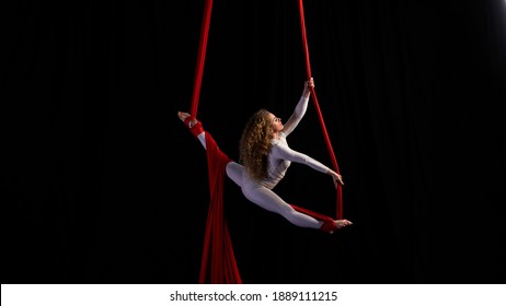 Professional Aerialist Circus Performer On Red Bright Aerial Silks Performs Balance On A Splits