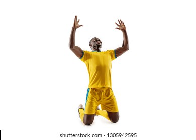 Professional African American Football Soccer Player As Winner Isolated On White Studio Background. The Win, Goal, Victory, Celebration, Happy Human Emotions Concept