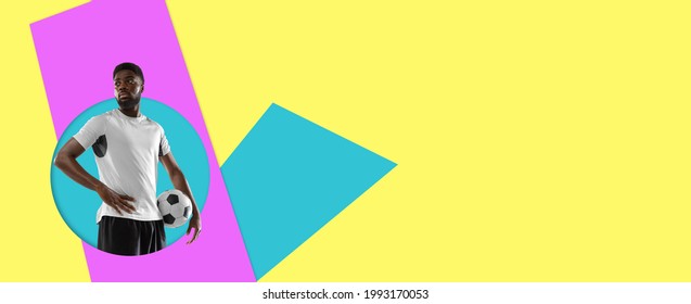 Professional african american football soccer player standing with ball isolated on color studio background. Concept of sport, movement, energy and dynamic, healthy lifestyle. Collage in trendy style - Powered by Shutterstock