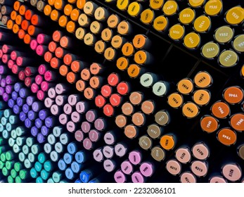Professional alcohol markers are sold per piece at art stores for artists  Sketching markers shelf in an art store  Alcohol markers variety background  Visible colour codes for easy access