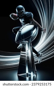 Professional American football player in motion with ball over dark background. Champion. Success. Winning trophy. Concept of sport event, championship, betting, game. Poster for ad