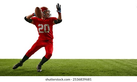 Professional American football player in red uniform, wearing helmet and preparing to throw the ball on field. Athleticism. Concept of sport, competition, tournament, game. Copy space for ad - Powered by Shutterstock