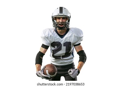 Professional American Football Player In Uniform, Helmet, With Ball Shouting Before Game To Rise Team Spirit. Concept Of Active Life, Team Game, Energy, Sport, Competition. Copy Space For Ad