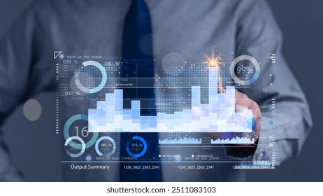 A professional analyzes interactive data visualizations, showcasing graphical representations of analytics and performance metrics to drive informed business decisions and strategic planning