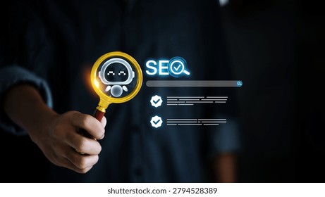 Professional analyzing AI-powered SEO optimization with search engine ranking insights. Concept of artificial intelligence, digital marketing, keyword research, website performance, search visibility, and content strategy.