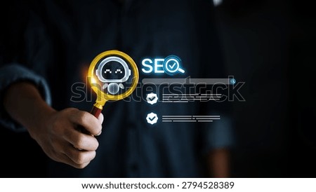 Professional analyzing AI-powered SEO optimization with search engine ranking insights. Concept of artificial intelligence, digital marketing, keyword research, website performance, search visibility, and content strategy.