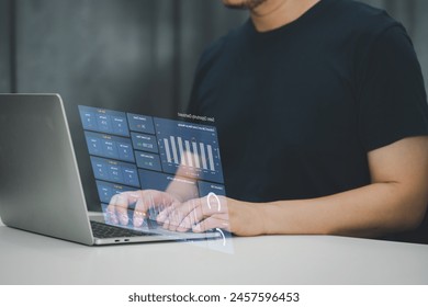 Professional analyzing complex data with a futuristic holographic display interface over a laptop, demonstrating cutting-edge technology in business analytics - Powered by Shutterstock - Get 15% off with code: PIKWIZARD15
