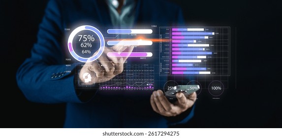 A professional analyzing data through interactive graphics on a digital device, showcasing charts and percentages in a modern business environment.
