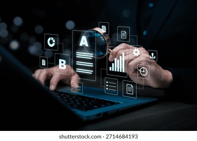 A professional analyzing digital documents and data with an AI interface on a laptop, representing artificial intelligence, data analysis, content management, and business technology.