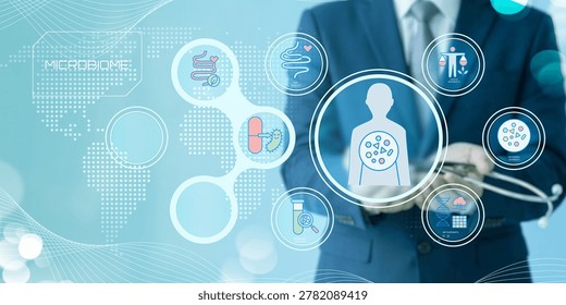 Professional analyzing digital human microbiome health technology and medical research interface design concept